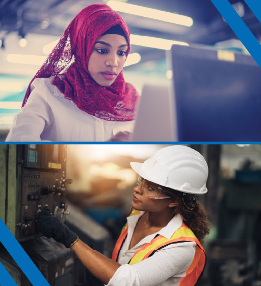 Woman at computer, Woman working on machinery